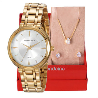 Relógio De Pulso Mondaine Mulher Kit Presente Namorada Mães Com Corria De Aço Inox Cor Dourado - Fondo Prateado Relógio De Pulso Mondaine Mulher Kit Presente Namorada Mães Com Corria De Aço Inox Cor Dourado - Fondo Prateado