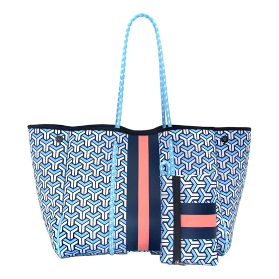 Cartera De Neopreno Grande Diseño  Geométrico Azul