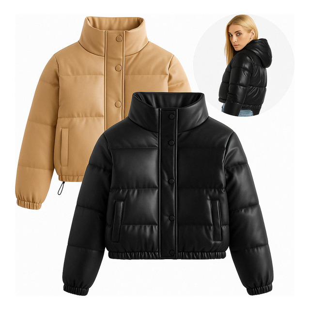 Jaqueta Puffer Feminina Cropped Couro Forrada Capuz Pelinho Jaqueta Puffer Feminina Cropped Couro Forrada Capuz Pelinho