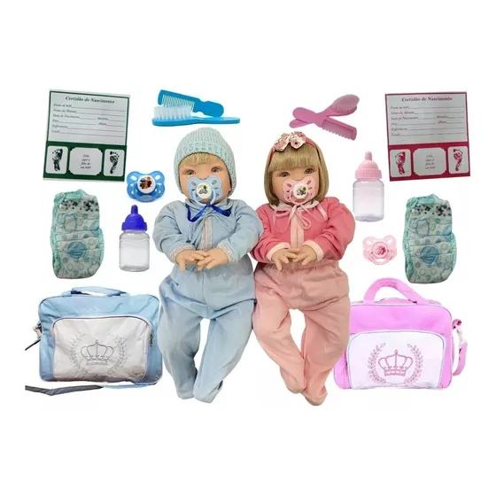 2 Bebê Reborn Loira E Morena+acessórios+bolsa Maternidade 