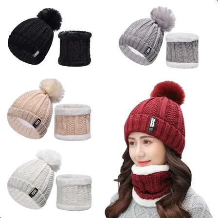 Kit Touca Cachecol Gola Boina Gorro Pom Pom Forrada Frio Nev