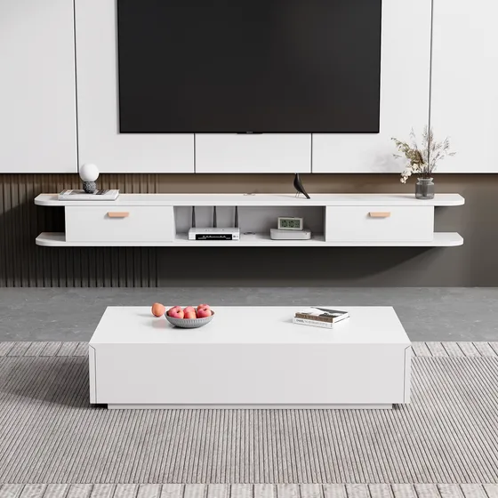 Rack Tv 140x24x18cm Flotante Melamina Homer Design 2 Cajones