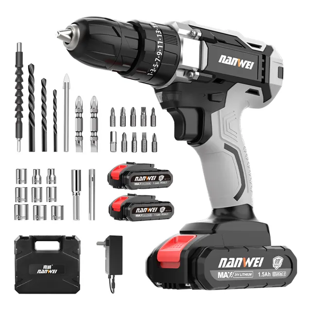 Nanwei ZRD620H Taladro Atornillado Inalámbrico Destornillador Electrico 2 Baterías De Litio ,2 velocidades, Kit de Herramientas de 28 piezas