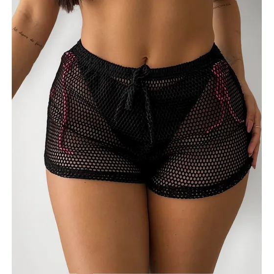 Shorts Curto Arrastão Moda Praia Roupa Saida Transparenre