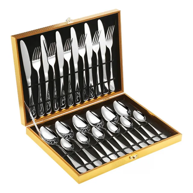 Set 24 Cubiertos Acero Estuche Caja Cuchara Tenedor Cuchillo Plateados Marca Raitot Plateado