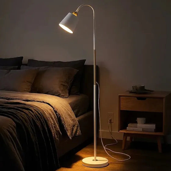 Luminária Abajur Metal Articulada Pedestal Chão Coluna Leitura Cúpula Branco Flexivel