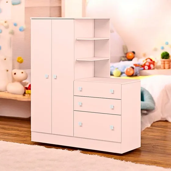 Guarda Roupa Conjugado Com Cômoda Infantil Para Quarto De Criança Menina Com 3 Gavetas Cabideiro E 2 Portas Cor Rosa