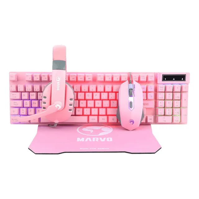 Gaming Starter Marvo Cm370k Teclado Mous Headset Alfombra Pink Rosado Español Latinoamérica