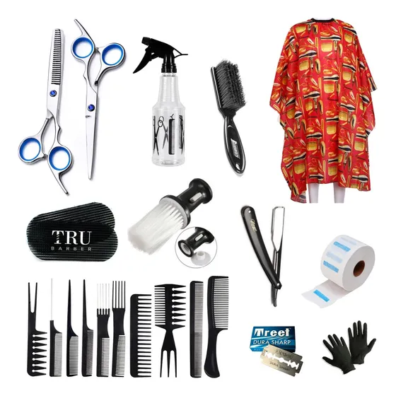 Kit Combo Barberia Tijeras Capa Rociador Navaja Filos Brocha