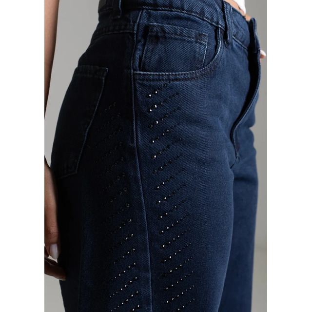 Calça Jeans Sawary Feminina Wide Leg Petit Strass Índigo Liso 44
