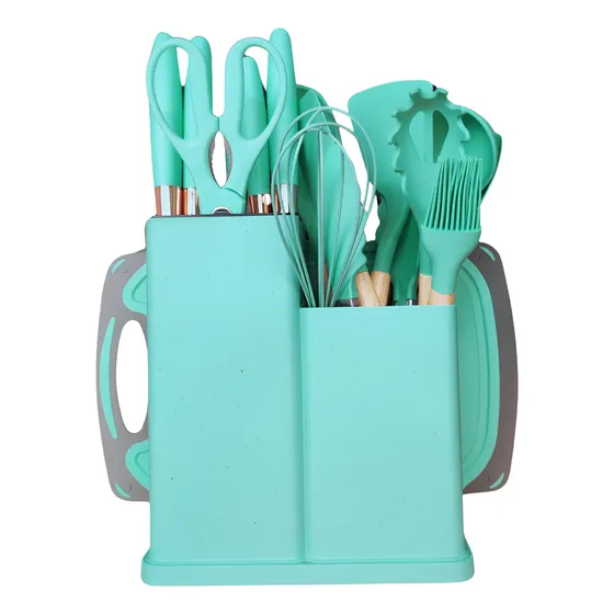 Juego De 19 Utensilios De Cocina Mango Madera Punta Silicona Verde
