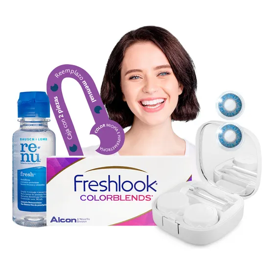 Lentes De Contacto Alcon Freshlook Colorblends | Color Zafiro Sin Graduación | Kit Optioutlet Incluye Estuche Con Espejo Y Solución De 60ml | Pupilentes De Colores Naturales De Duracion Mensual