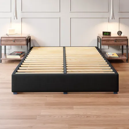 Base Cama Box Madera Tapiz Lino Negro Armable King Size Negro