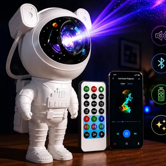 Projetor Astronauta Galaxia Estrelas Nebulosa Led Luz Noturna Rotativo Bluetooth Caixa De Som Contro