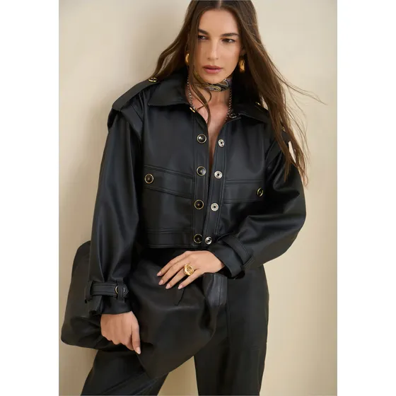Jaqueta Morena Rosa Ajustada Manga Longa Cropped Preto