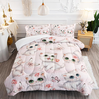 Edredón Kawaii De 3 Piezas Con Diseño De Gatos Y Mariposas R Edredón Kawaii De 3 Piezas Con Diseño De Gatos Y Mariposas R