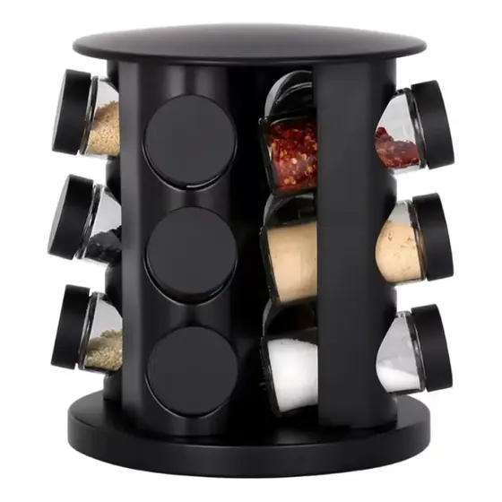 Porta Temperos Giratório Com 9 Potes De Vidro Cor Preto