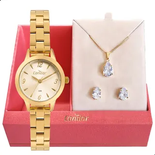 Relogio De Pulso Feminino Condor Dourado Pequeno + Kit Joias Relogio De Pulso Feminino Condor Dourado Pequeno + Kit Joias