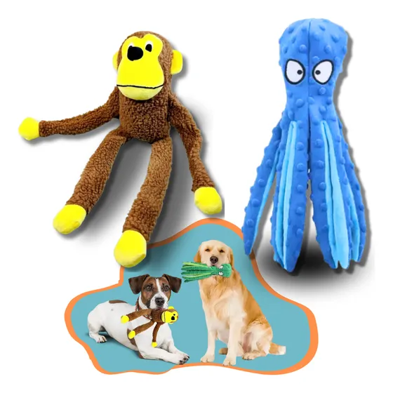 Kit Brinquedos Pelúcia Cães Pet Macaco E Polvo Amigo C/ Som