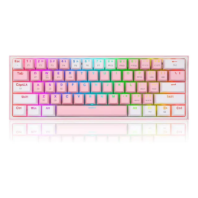 Teclado gamer Redragon Fizz QWERTY Red inglés US color rosa y blanco con luz RGB