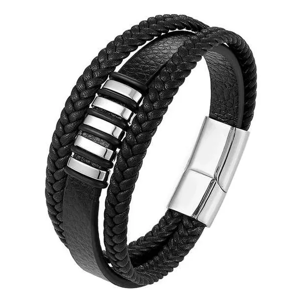 Pulsera Brazalete Para Hombre En Cuero Plata Y Oro Laminado