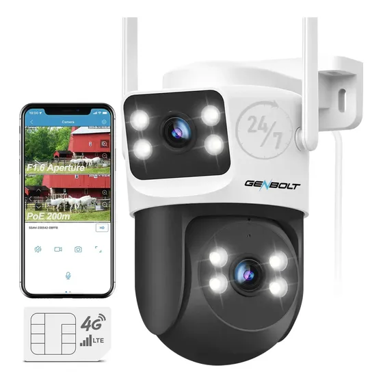 Genbolt 3g/4g Lte Cámara De Vigilancia Exterior Con Sim Sin Wifi F1.6 Doble Lente Cctv Cámaras De Seguridad Cableada Grabación 24/7 Cámaras Ip Casa Ptz Con Poe Detección Humano Seguimiento Automático