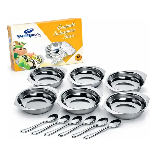 Conjunto Taças Sobremesa Inox 12 Peças Tigelas com Colheres Inox