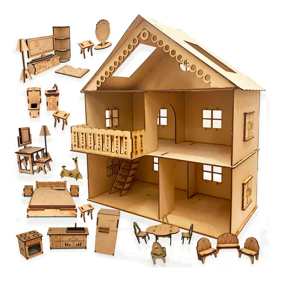Casa Casita De Muñecas En Fibrofácil Grande + Muebles