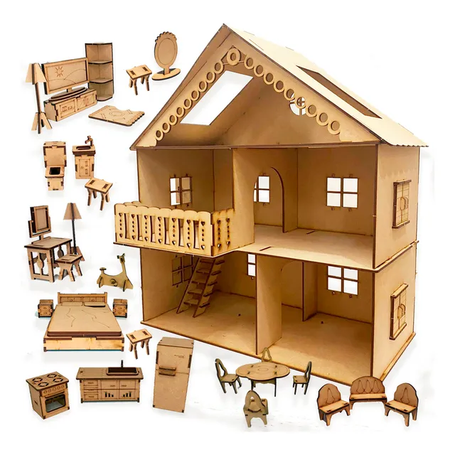 Casa Casita De Muñecas En Fibrofácil Grande + Muebles