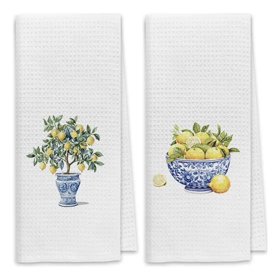 2 Paño Cocina Decoracion Arbol Limon Porcelana Azul
