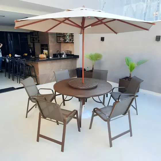 Mesa Giratória De Jardim E Área Externa Com 6 Cadeiras Tela Cor Marrom-escuro
