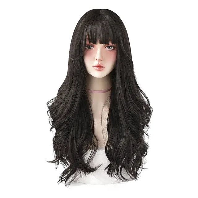 Peluca Cosplay Larga Color Marron Oscuro Con Flequillo