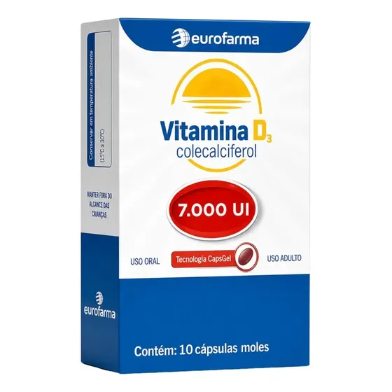 Colecalciferol Vitamina D3 10 Capsulas 7000ui Eurofarma Sem Sabor