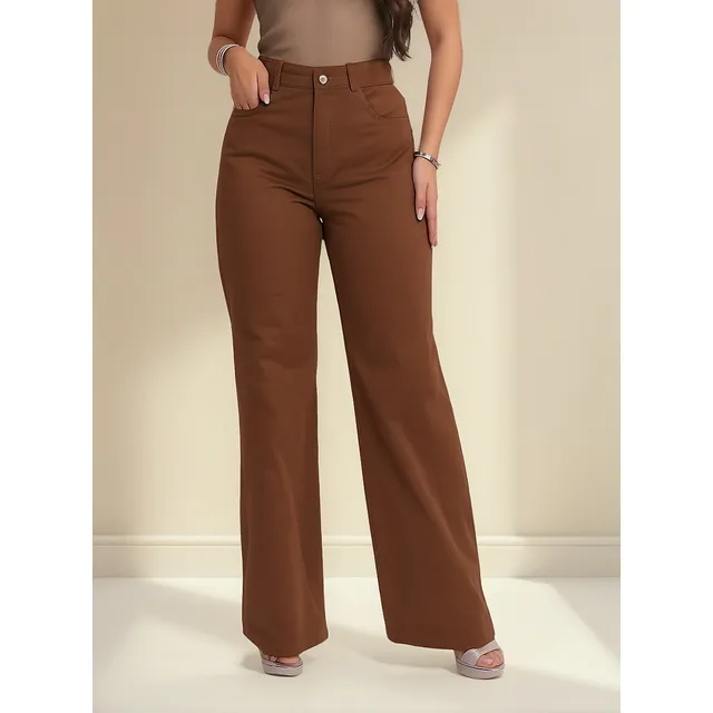 Calça Wide Leg Feminina Pantalona Cintura Alta Jeans