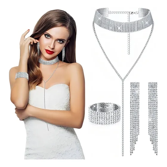 Juego De Joyas Cristal Collar Pulsera Pendientes Brilla Moda Color Plateado