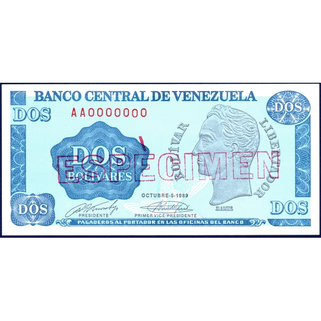 Billete Espécimen En Rojo 2 Bolívares Aa7 Octubre 5 1989