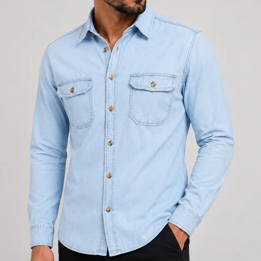 Camisa Jeans Masculina Social Slim Manga Longa Jeans Claro G