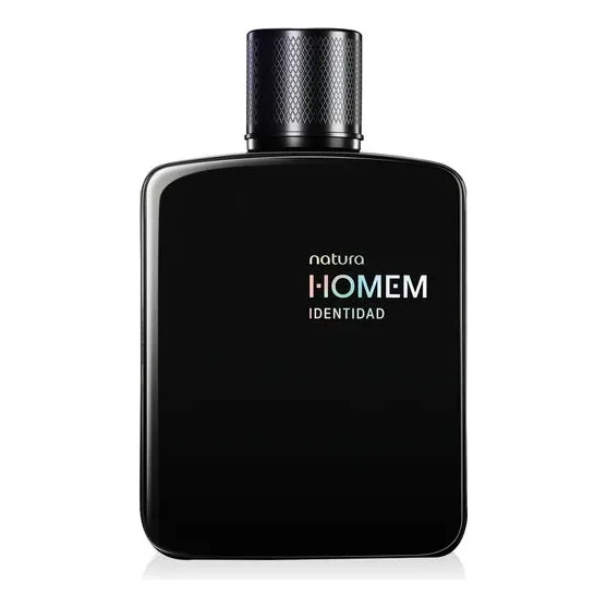 Frasco de vidro retangular preto do perfume Natura Homem Identidad com tampa texturizada e logo da marca estampado na frente