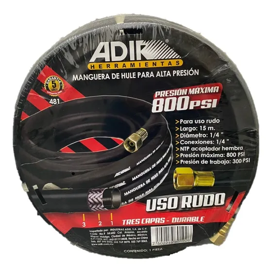 Manguera Compresor Hule Alta Presión 1/4 15m 800psi Adir 481 Color Negro