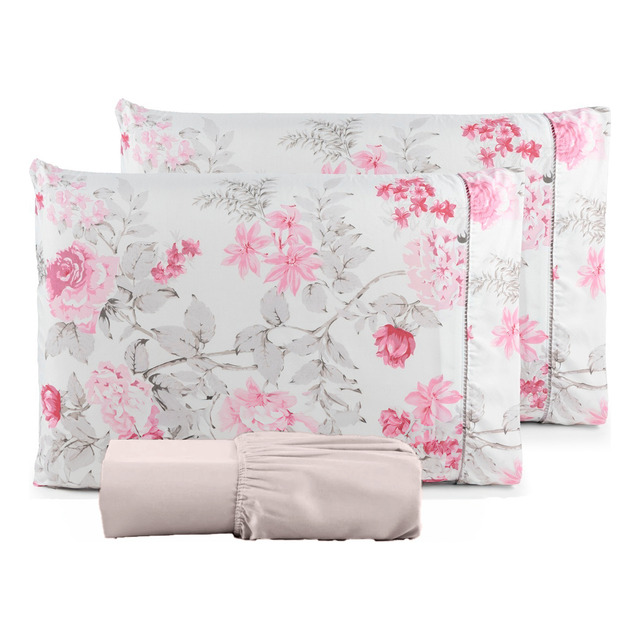 Kit Jogo Lençol Queen Percal 400 Fios Completo Sofisticado Cor Floral Branco Com Rosa Dese... Kit Jogo Lençol Queen Percal 400 Fios Completo Sofisticado Cor Floral Branco Com Rosa Dese...