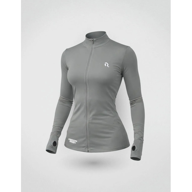 Camiseta térmica feminina cinza de manga longa com zíper frontal e proteção UV 50+ em destaque