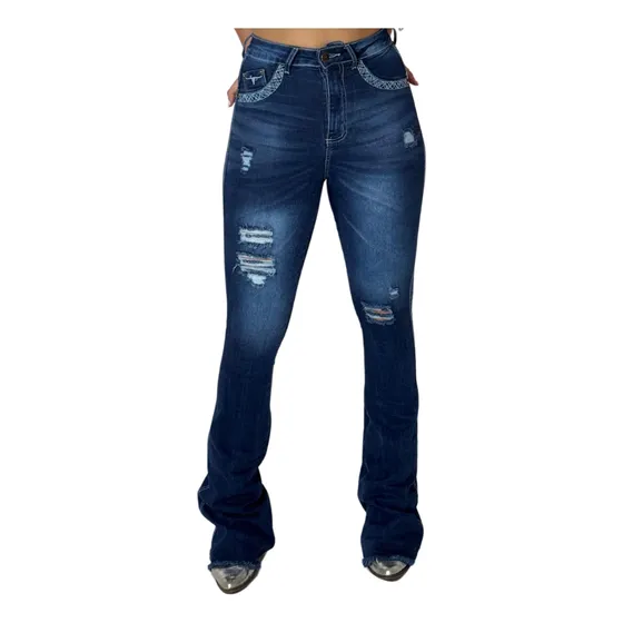 Calça Jeans Flare Bordada Feminina Texas Ranch