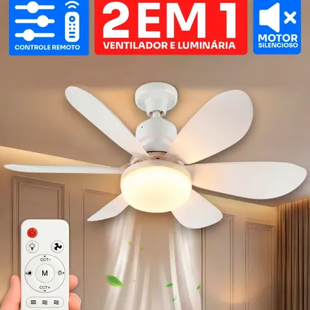 Ventilador De Teto Cor Branca Com Lâmpada Silencioso 6 Pás Com Controle Remoto Para Bocal Flower Fan Ligth - Good Vision