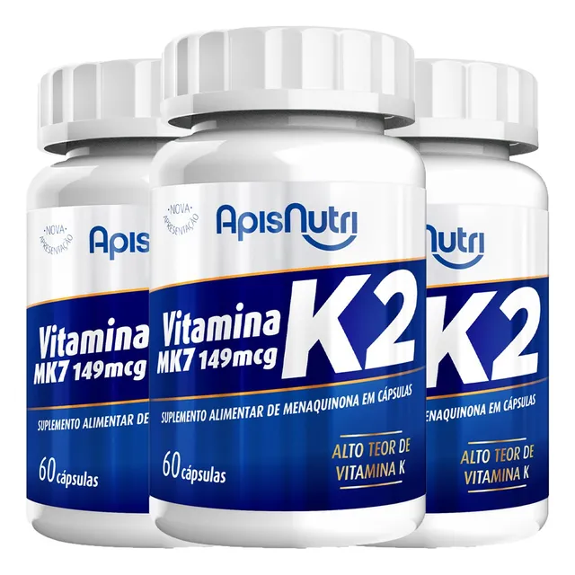 3x Vitamina K2 Mk7 100% Puro - 60 Cápsulas 280mg Apisnutri