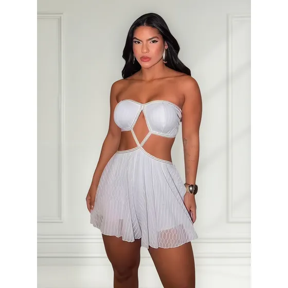 Vestido Macaquinho Macacão Crepe E Tule Feminino Reveillon