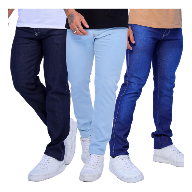 Kit 3 Calça Jeans Sarja Masculina Skinny Slim Lycra Colorida Kit 3 Calça Jeans Sarja Masculina Skinny Slim Lycra Colorida