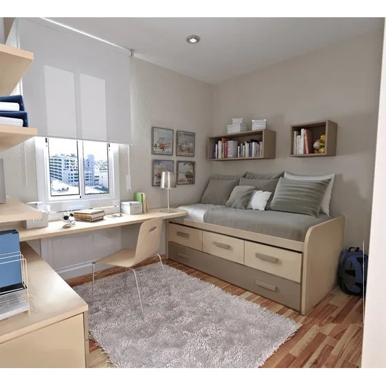 Dormitorio Juvenil Con Escritorio, Estantería Y Cajonera