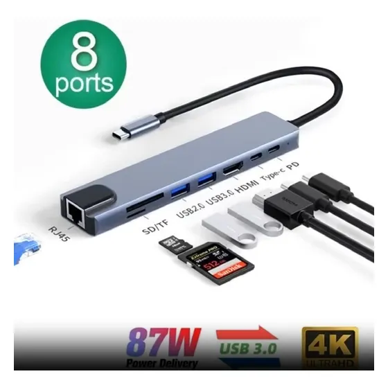 Hub Usb C Adaptador 8 En 1 Hdmi 4k Usb 3.0 Rj45 Red Microsd