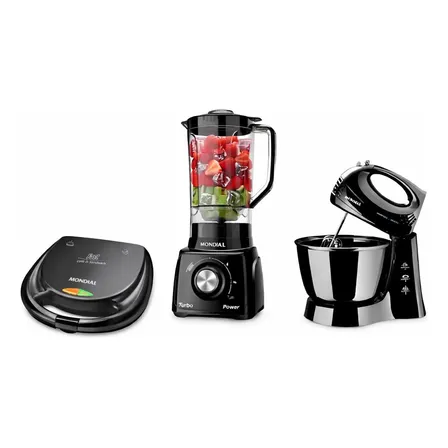 Kit Mondial Batedeira Liquidificador Sanduicheira Preta Preto 127v