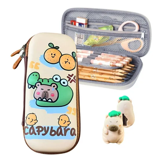 Estojo Box Escolar 3d Juvevil Capivara Kit Apontador Grande Cor Marrom